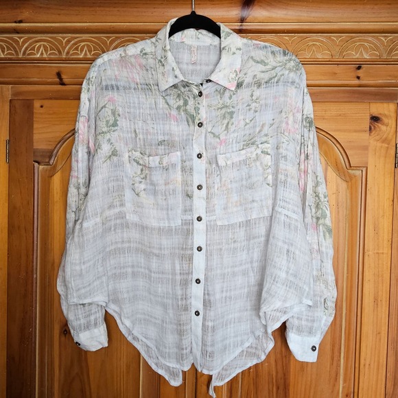 White Floral Free People Button Up Open Back Long Sleeve Shirt Size‎ XS - Picture 1 of 9